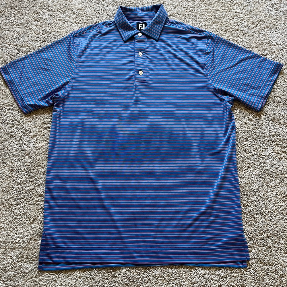 Footjoy Men’s Striped Stretch Polo Short Sleeve Shirt Size Medium Pink & Blue